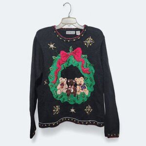 Vintage B.P. Design 3 Bears Christmas Wreath Sweater Beaded Black Sz L Holiday